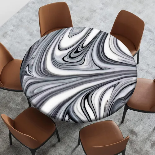 Vista 2 de Mantel con patrón de mármol, borde elástico, adecuado para catering y cocina, se puede limpiar para mesa redonda de comedor, para mesas redondas
