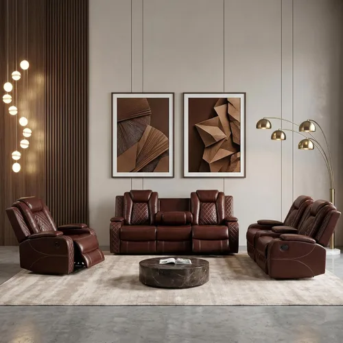 Vista 9 de Juego de sofá reclinable eléctrico con LED, juego de sofá reclinable de cuero, juego de muebles de sala con carga USB