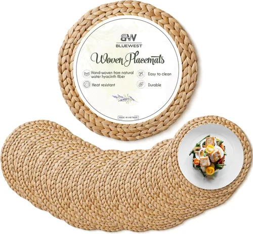 (Tamaños: 12"-13") BLUEWEST Manteles Individuales Tejidos (Juego de 10), Manteles Individuales Redondos de Ratán, Manteles Individuales de Mimbre de