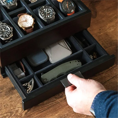 Vista 7 de Caja organizadora de 8 ranuras para reloj, para hombres, acabado negro, vitrina de reloj, bandeja modular de valet, compatible con Apple Watch