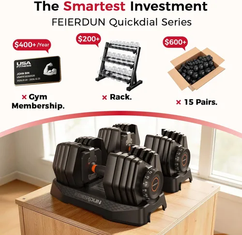 Vista 2 de FEIERDUN Juego de mancuernas ajustables 15 en 1, juego de pesas de 105 libras / 52.5 libras con caja de almacenamiento, peso libre de ajuste rápido