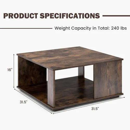 Vista 3 de Giantex 32” Square Coffee Table, 2-Tier Wooden Table with Storage Shelf, Industrial Home Accent Table, Mid-Century Center Table Ideal for Living