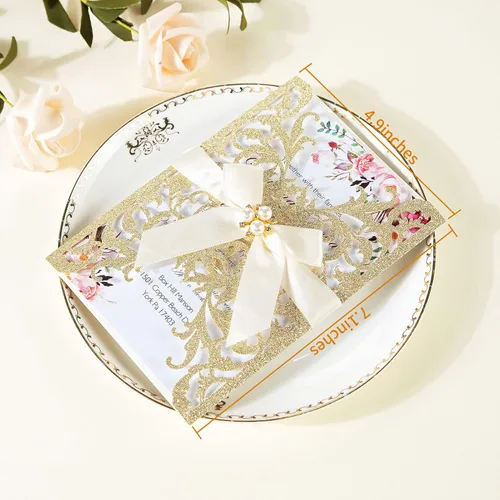 Vista 2 de 25 piezas de invitaciones de boda con purpurina, invitaciones de boda cortadas con láser con sobres y tarjetas RSVP, hoja interior en blanco Champán