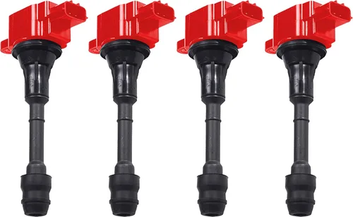 ENA Juego de 4 bobinas de encendido rojas 2.5 L4 compatibles con Nissan 2002 2003 2004 2005 2006 Altima, 2002-2008 Sentra X-Trail, 2010 2011 2012