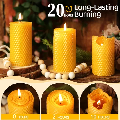 Vista 4 de Paquete de 3 velas de pilar de cera de abeja natural, hechas a mano, velas enrolladas de cera de abeja pura, 60 horas de combustión, velas de cera 2