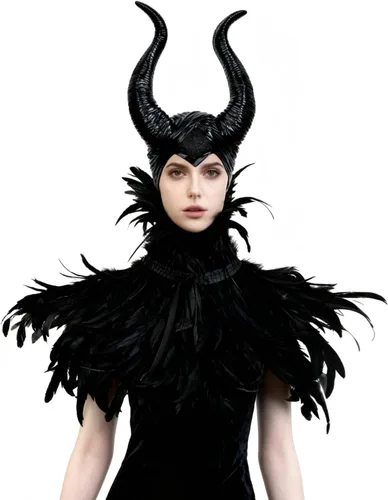Vista 9 de L'VOW chal gótico con plumas negras y cuernos de Maleficent, disfraz de cuervo para Halloween