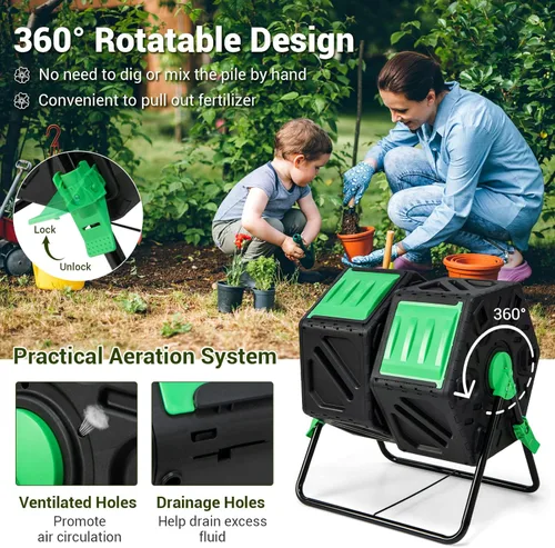 Vista 3 de Goplus Contenedor de compostaje, vaso de compostaje de doble cámara de 34.5 galones con 2 cámaras giratorias, puertas corredizas, compostador