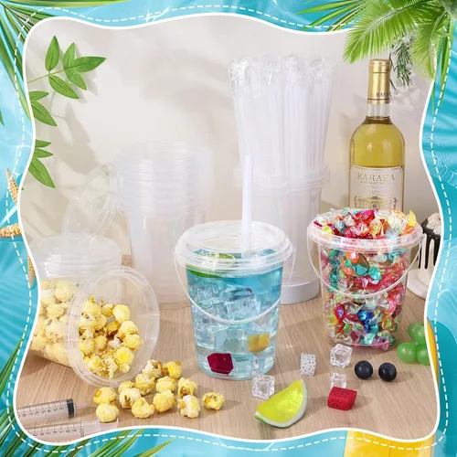 Vista 6 de 30 Sets 34 oz Drink Buckets with Lids and Straws, Disposable Clear Plastic Party Cups with Handles for Rum, Iced Coffee, Smoothies, Milkshakes
