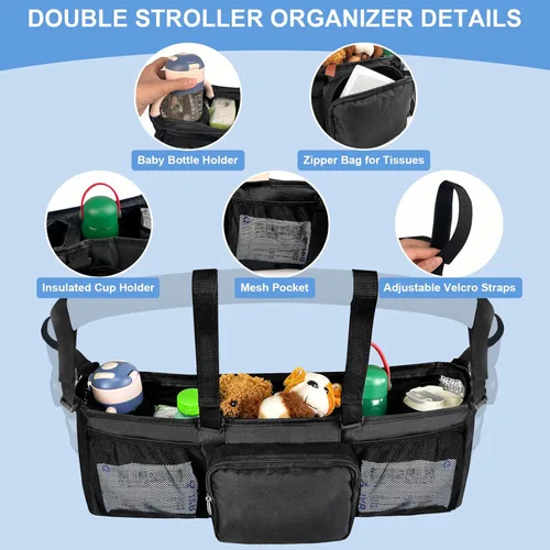 Vista 6 de Organizador doble para cochecito, organizador de cochecito doble compatible con cochecitos dobles Bob Doubles, accesorios para cochecitos de correr