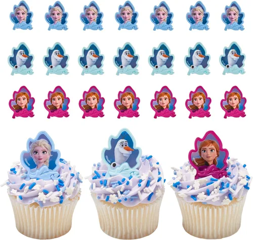 DecoPac Anillos Frozen II, decoraciones de cupcakes con Elsa, Anna y Olaf para celebraciones de cumpleaños y Navidad, paquete de 24