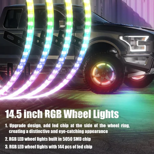 Vista 7 de Luces de rueda SUNPIE para camiones, luces de anillo de rueda de color de ensueño para coches con amplio ángulo para SUV con llanta de 17 pulgadas