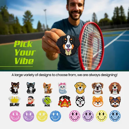 Vista 6 de Tennis Racket Dampener - Cute Designs - Vibration & Noise-Reducing Tennis Shock Absorber for Racquets - Secure, Easy-Install Accessories for Players