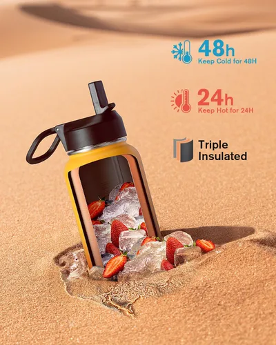 Vista 221 de Coolflask botella de agua reutilizable de 64 onzas con tapa con popote y tapa con boca, botella de agua térmica de medio galón con boca ancha