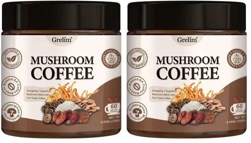 Vista 6 de Grelim Café de hongos con 7 hongos superalimentos, café instantáneo arábica de gran sabor, 4.23 onzas