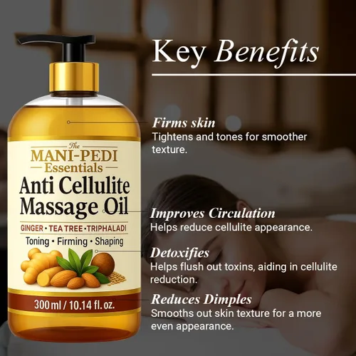 Vista 4 de Aceite de masaje anticelulítico con aceite de jengibre para masaje de drenaje linfático. Enriquecido con aceite de árbol de té y hierbas naturales