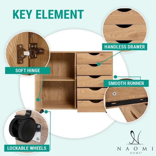 Vista 67 de Naomi Home Cómoda de 5 cajones para dormitorio, alta y elegante, con ruedas y estantes de almacenamiento, pequeña para guardarropa, para maquillaje