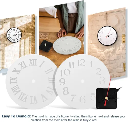 Vista 8 de EXCEART Paquete de 2 moldes de silicona de resina para reloj con mecanismo Kit de fabricación de relojes de pared con números romanos