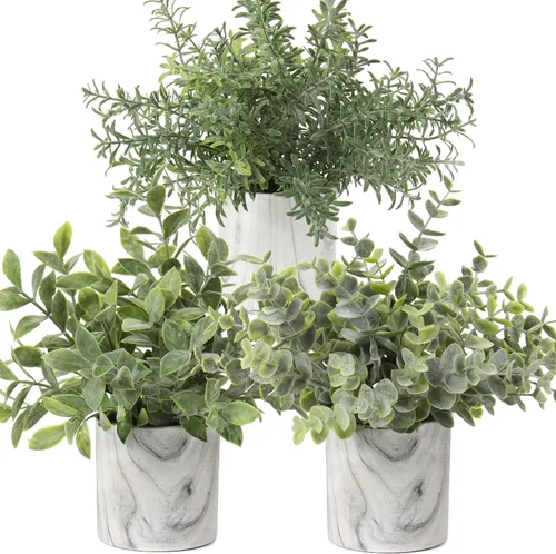 Vista 15 de Hollyone Mini plantas artificiales en macetas, plantas falsas en macetas de mármol, 1 pieza de plástico de eucalipto, vegetación sintética