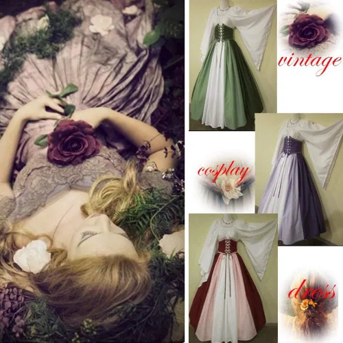 Vista 3 de Abaowedding Disfraz medieval renacentista para mujer, vestido retro gótico con mangas de trompeta