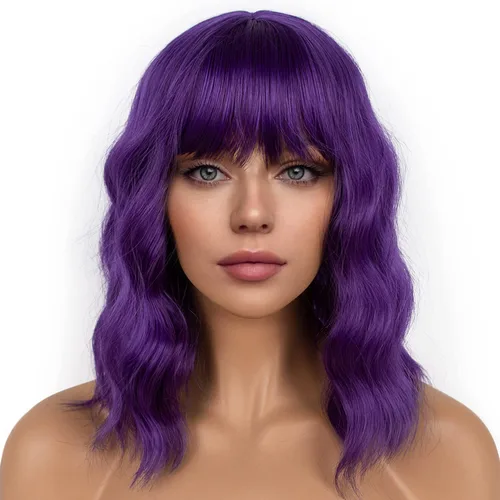 Vista 16 de Pelucas cortas estilo Bob con flequillo para mujer, peluca ondulada suelta rizada ondulada longitud al hombro, peluca sintética estilo Bob para Verde
