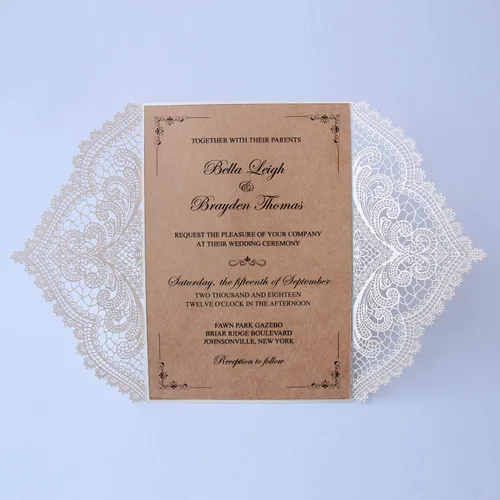 Vista 6 de Kit de 50 invitaciones rústicas de encaje cortado con láser, 5 x 7.3 pulgadas, invitaciones rústicas de papel kraft en blanco para bodas, despedidas