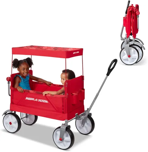 Radio Flyer Beach & Boardwalk EZ Fold Wagon 3 en 1, para niños de 1.5 +, sombra UV, plegable plano con una sola mano, asientos 2 o convertidos en