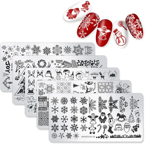 WOKOTO Juego de 5 placas de estampado de uñas navideñas para uñas acrílicas, Papá Noel, reno, nieve e invierno, placa de imagen, plantilla de