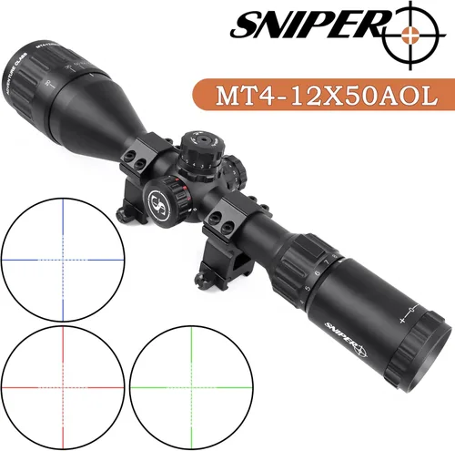 Vista 2 de SNIPER Mira telescópica para rifle 4-12x50 AOL con retícula iluminada en rojo/verde/azul, objetivo ajustable (MT4-12x50AOL)