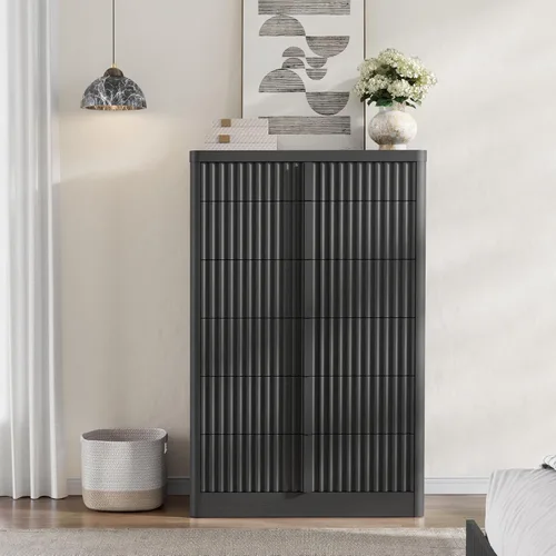 Vista 3 de Cómoda acanalada para dormitorio, cómoda de 6 cajones de 48 pulgadas de alto, cómoda moderna con mango de madera maciza, diseño de perfil curvo