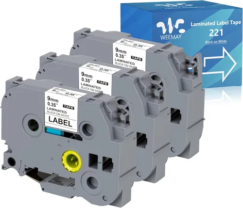 Weemay Paquete de 3 cintas TZe-221 compatibles con Brother P-Touch de 0.354 in 0.35 blanco laminado TZe TZ TZ-221 TZ221 TZe221 TZe221 3/8 etiqueta
