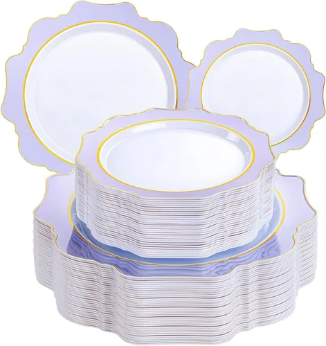 Vista 13 de WDF 100 piezas de platos de plástico azul - Platos desechables azul claro - Platos de plástico con borde festoneado resistente