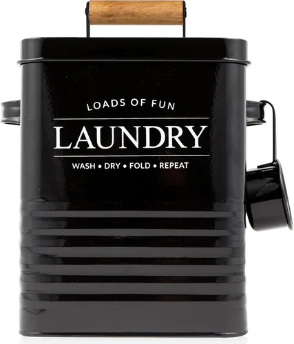 Calindiana Dispensador de jabón de metal con cuchara para decoración de lavandería y ahorro de espacio, organización y almacenamiento, contenedor de