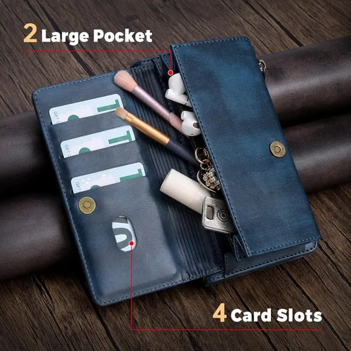 Vista 6 de Funda tipo cartera para iPhone 16 Pro Max con 8 tarjeteros, bloqueo RFID, piel sintética, función atril, abatible, correa de muñeca y correa