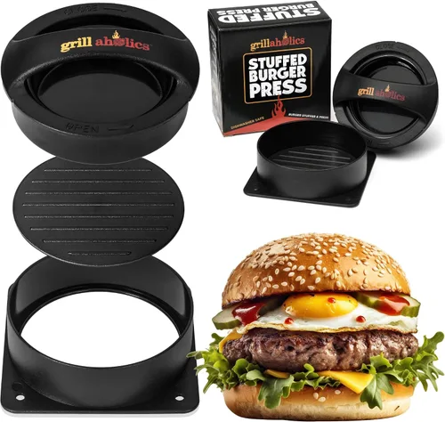 Grillaholics, prensa para hamburguesas rellenas y libro electrónico de recetas - Elaborador de hamburguesa Patty para asar a la parrilla