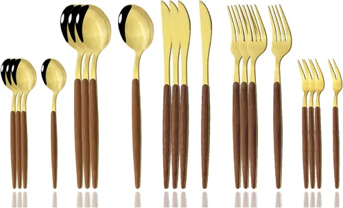 JASHII Juego de cubiertos de madera de acero inoxidable de 20 piezas, mango de madera, cuchillo tenedor, cuchara, utensilios de cocina para 4,