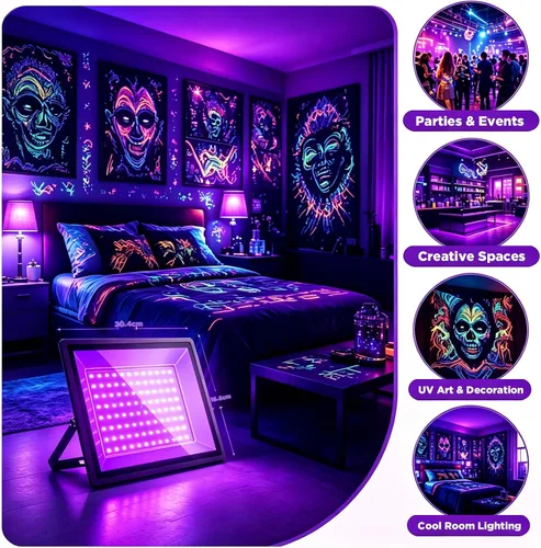 Vista 6 de Luz negra UV de 100 W, impermeable IP66, con enchufe e interruptor integrado. Ideal para fiestas brillantes, iluminación de escenario, pintura