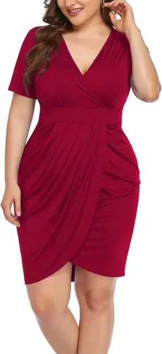 Vista 2 de Poseshe - Vestido cruzado y ajustado bodycon con escote en V profunda y corte en parte frontal de talla extragrande para mujer de manga corta