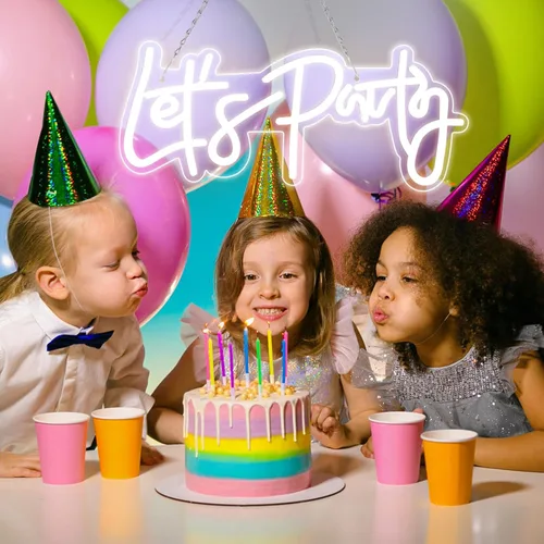 Vista 4 de Letrero de neón Let's Party – Regulable, luz LED de neón de 16 x 7 pulgadas para decoración de pared de dormitorio, alimentado por USB, letrero