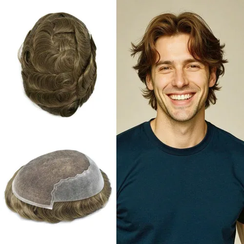 Vista 518 de Toupee - Sistemas de reemplazo de cabello para hombre, encaje frontal suizo, nudo blanqueado, pieza de cabello humano natural