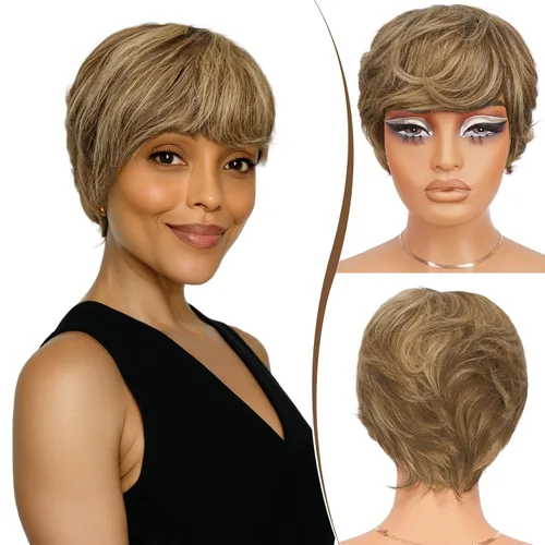 Vista 15 de RUWISS Peluca de cabello humano con corte Pixie, peluca de cabello humano para mujeres negras, con capas cortas en la parte superior marrón y rubio