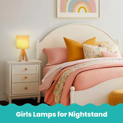 Vista 2 de Tripod Bedside Desk Table Lamp Minimal Fluid Gradient Blurred Wave Pastel Color Earth Tone Green Pink Wood Nightstand Lamp with Linen Fabric Shade