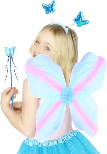 Vista 5 de WILDPARTY Conjunto de disfraz de hadas con alas de mariposa, tutú, varita mágica, diadema y velo