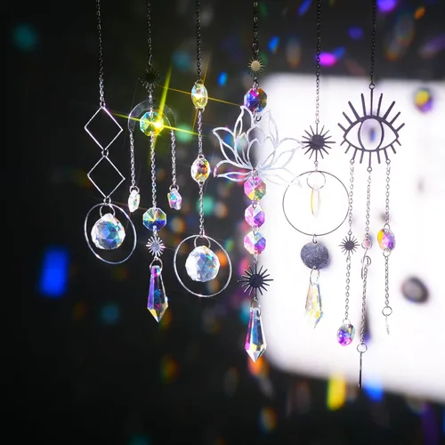 Vista 3 de ilclviz Atrapasoles de Cristal Colgante con Colgante de Prisma y Cadena - Ornamento con Bolas de Cristal para Ventana, 6 Piezas