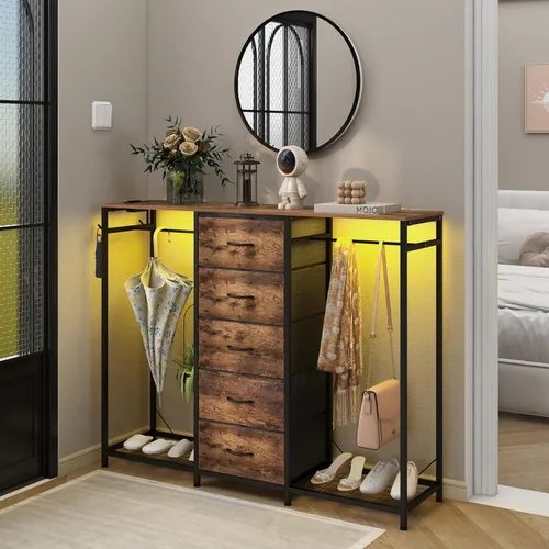 Vista 2 de Espelism Cómoda para dormitorio con perchero, cómoda de 5 cajones con estación de carga, luces LED, cómoda blanca, estante flexible y espacio