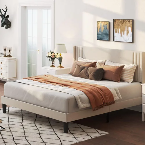 Vista 37 de Gizoon Base de cama matrimonial con cabecera de ala, plataforma tapizada con cabecera geométrica moderna, listones de madera, sin ruido, no necesita