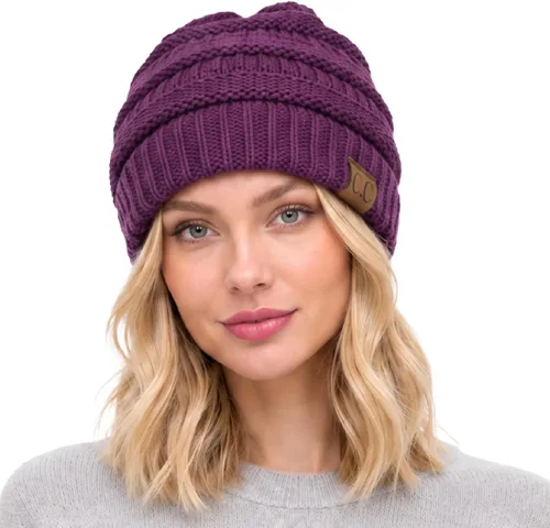 Vista 52 de CC Classic Winter Fall Trendy Chunky Stretchy Cable Knit Beanie Hat 2 tonos púrpura/azul marino