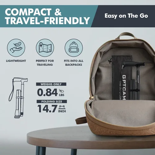 Vista 6 de Bastón de caminata GPTCAMP para hombres y mujeres, mango de agarre en T, bastones ajustables Diseño plegable y colapsable, punta pivotante