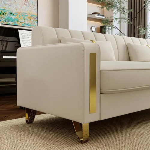 Vista 3 de Juego de 2 sofás para sala de estar, sofá de 2 plazas de 86" de terciopelo beige con 4 almohadas y patas de metal dorado, sofá tapizado moderno