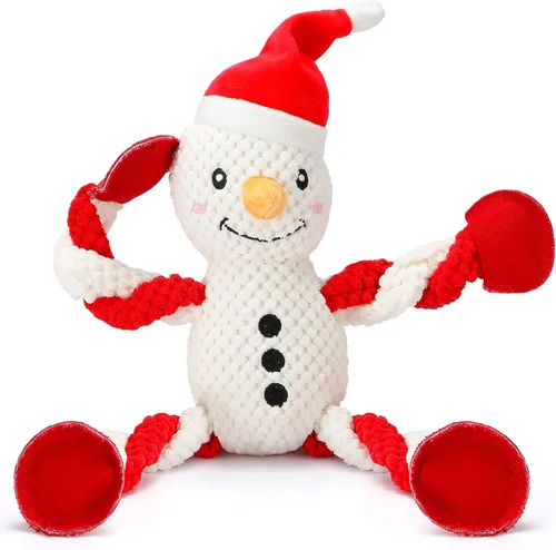Vista 9 de Senneny Juguetes Navideños para Perros, Peluche de Reno Chirriante con Cuerdas para Tirar de la Cuerda, Juguetes de Masticar Interactivos Duraderos