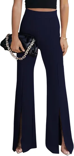 ROSKIKI Pantalones largos de cintura alta con dobladillo dividido para mujer, pantalones acampanados con cremallera lateral